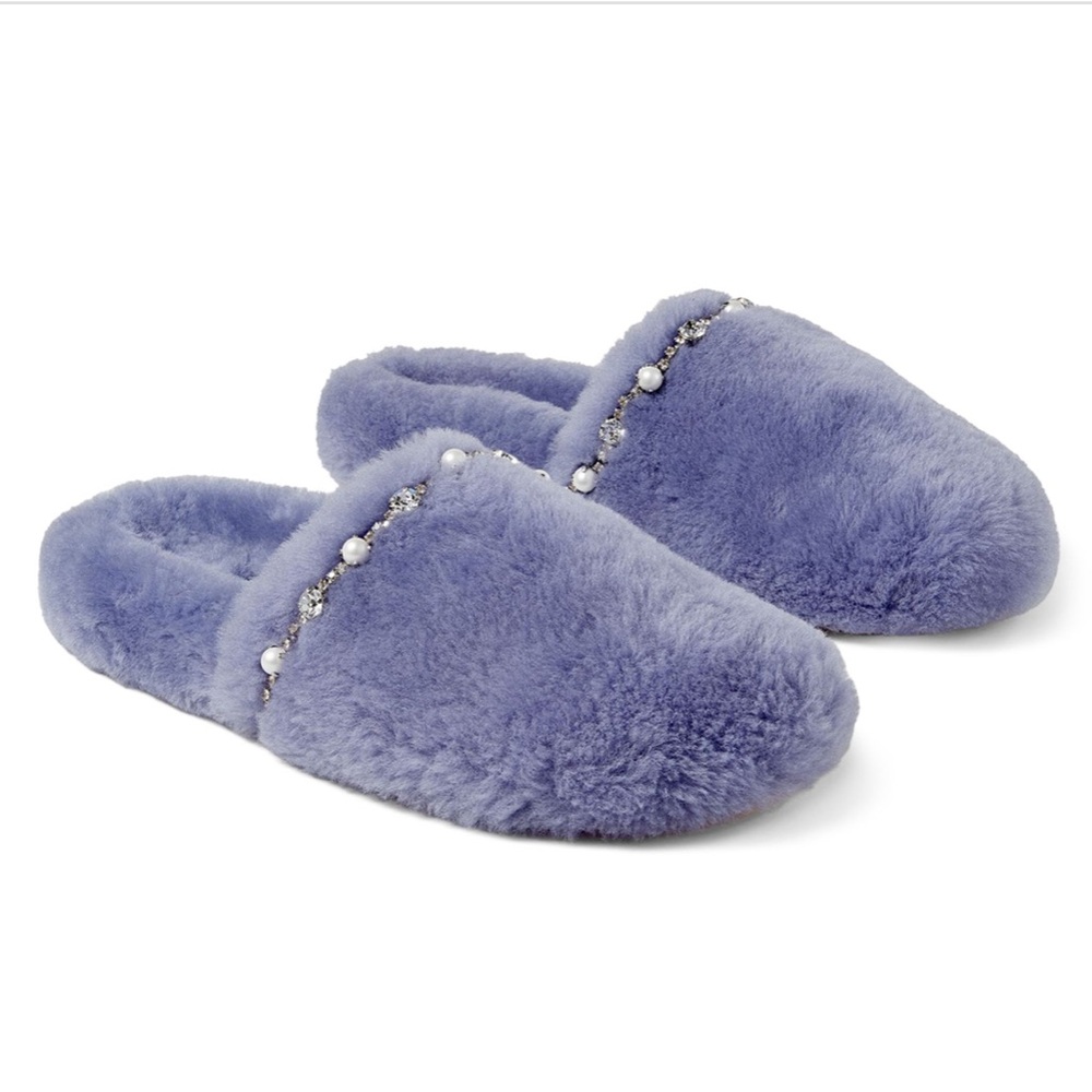 JIMMY CHOO Sz 38 Blue Shearling AS IS slipper rhinestone/pearl embellishment